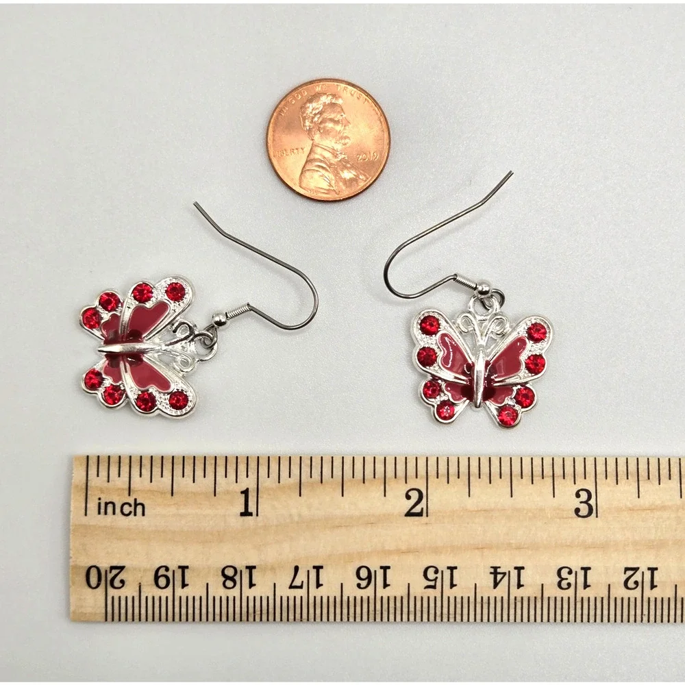 Butterfly Earrings Red White Rhinestone Silvertone Pierced Cute Whimsy Lot Of 2